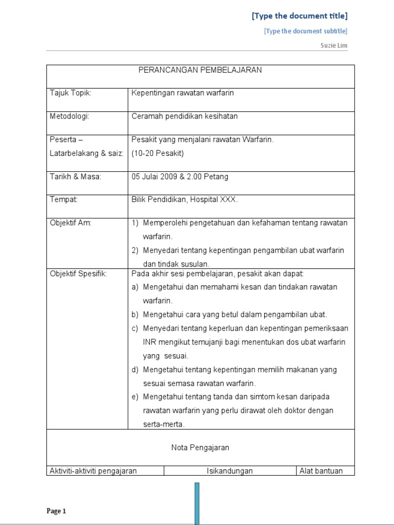 Plan Pengajaran Kepentingan Rawatan Warfarin Pdf