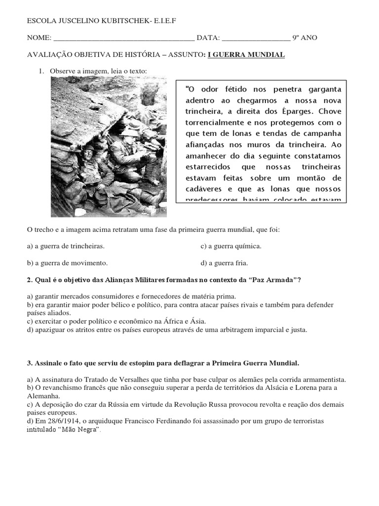 Prova 9º Ano I Guerra Aliados da Primeira Guerra Mundial Primeira Guerra Mundial