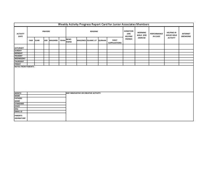 Weekly Activity Progress Report Card For Junior Associates Members | PDF