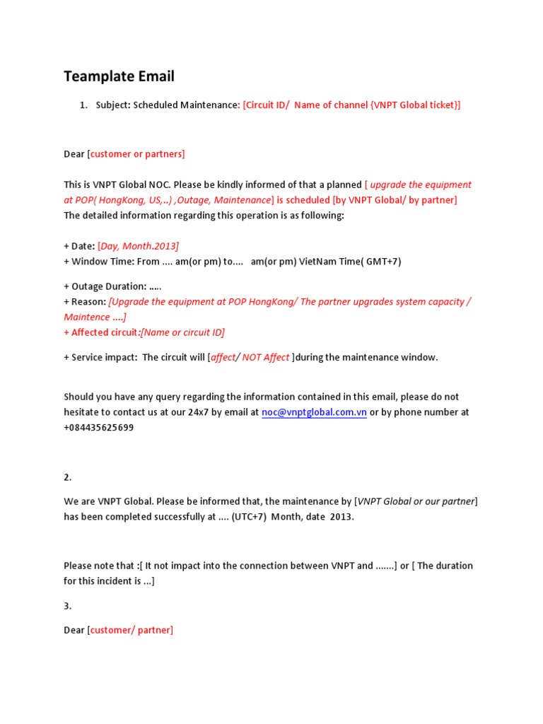 VNPT Global Maintenance Notification Template | PDF