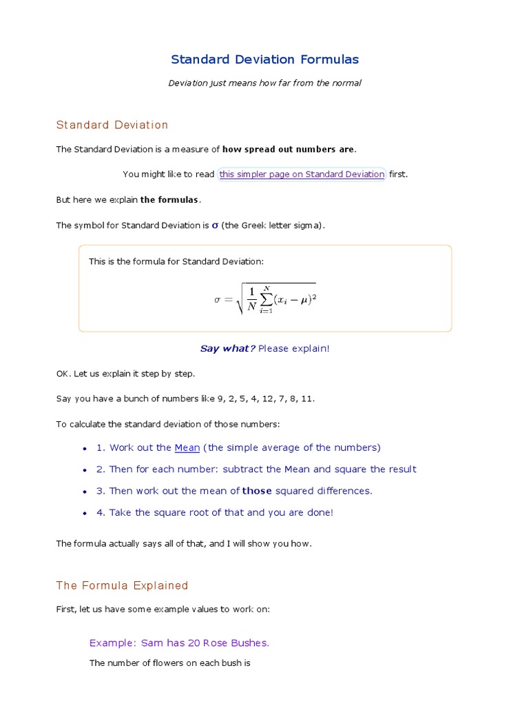Standard Deviation Formulas PDF Standard Deviation Mean
