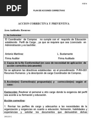 Ejemplo Plan De Acciones Correctivas Pdf