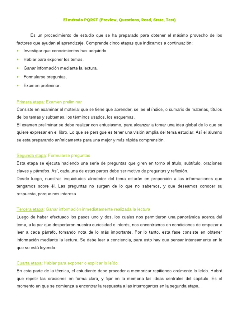 El Método PQRST | PDF | Lectura (proceso) | Memoria