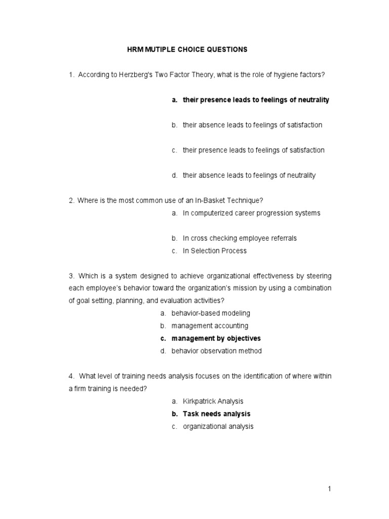 HRM Multiple Choice Questions Leadership Business
