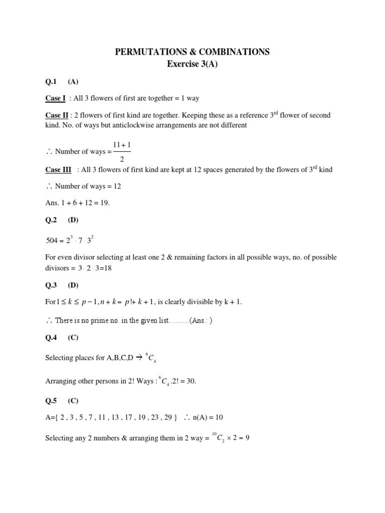 Permutations & Combinations Exercise 3 (A) : K P N K P K | PDF | Number ...