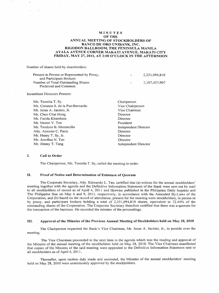 sample of minutes of meeting | Bdo Unibank | Government
