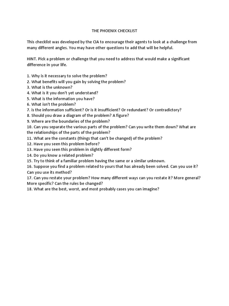 CIA Phoenix Problem-Solving Checklist | PDF