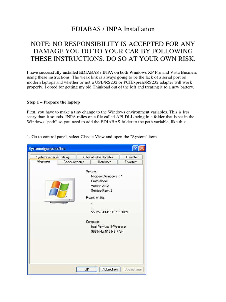 EDIABAS/INPA Installation Guide | PDF | Microsoft Windows | Windows Vista