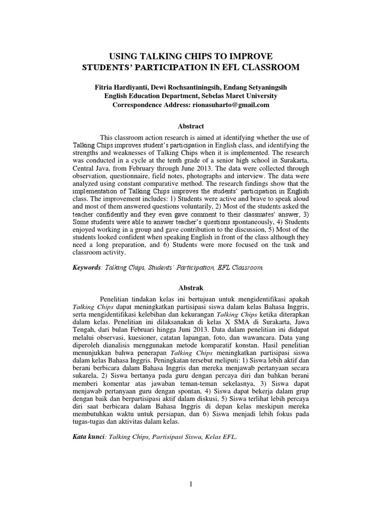 Enhancing EFL Participation with Talking Chips | PDF | Classroom ...