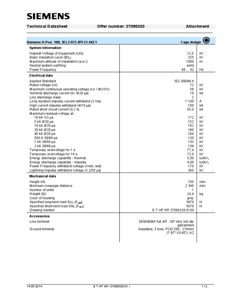 Siemens 3EL2 Surge Arrester Datasheet | PDF | Insulator (Electricity ...