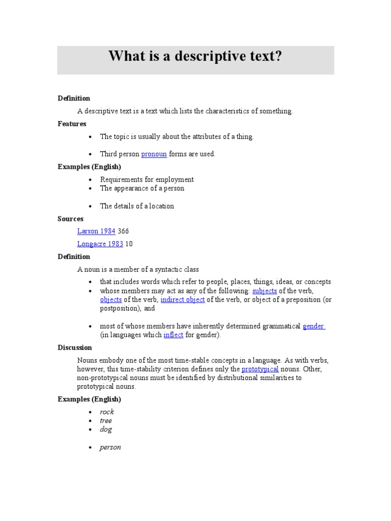 What is a Descriptive Text Noun Object (Grammar)