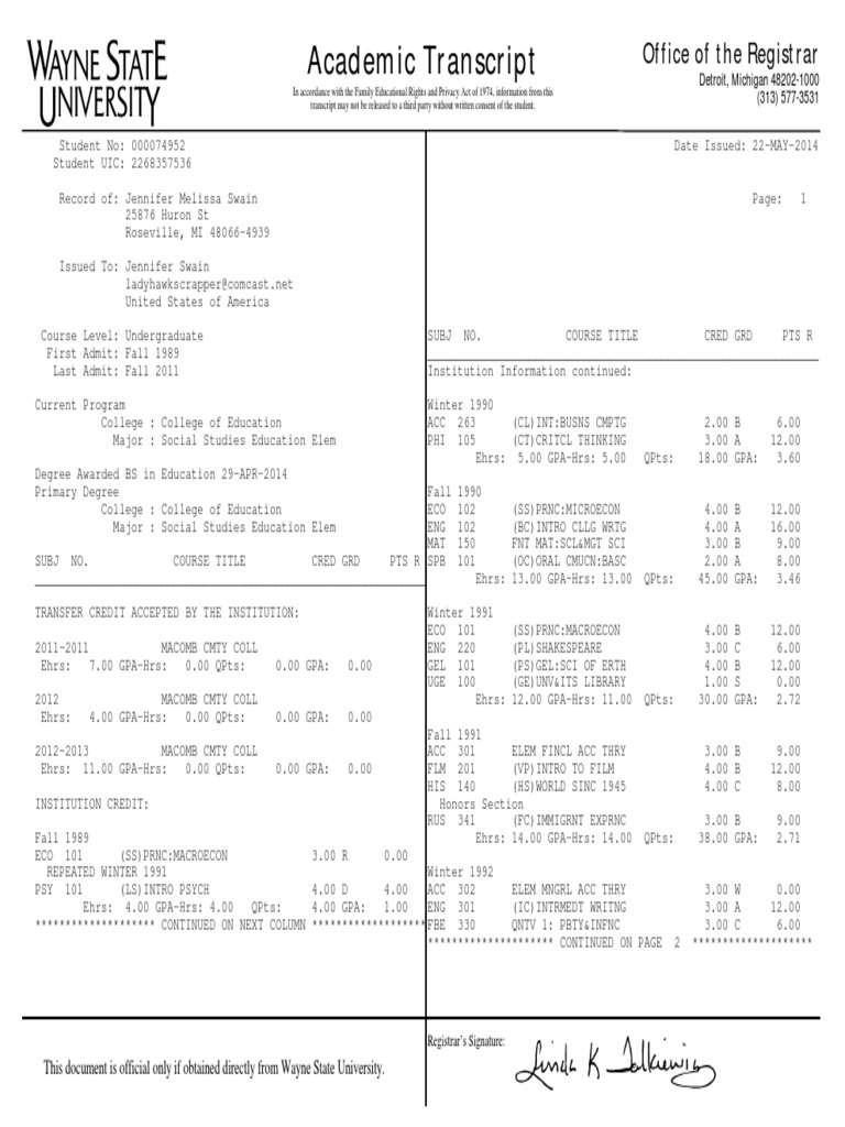 official transcripts with degree Graduate School Course Credit