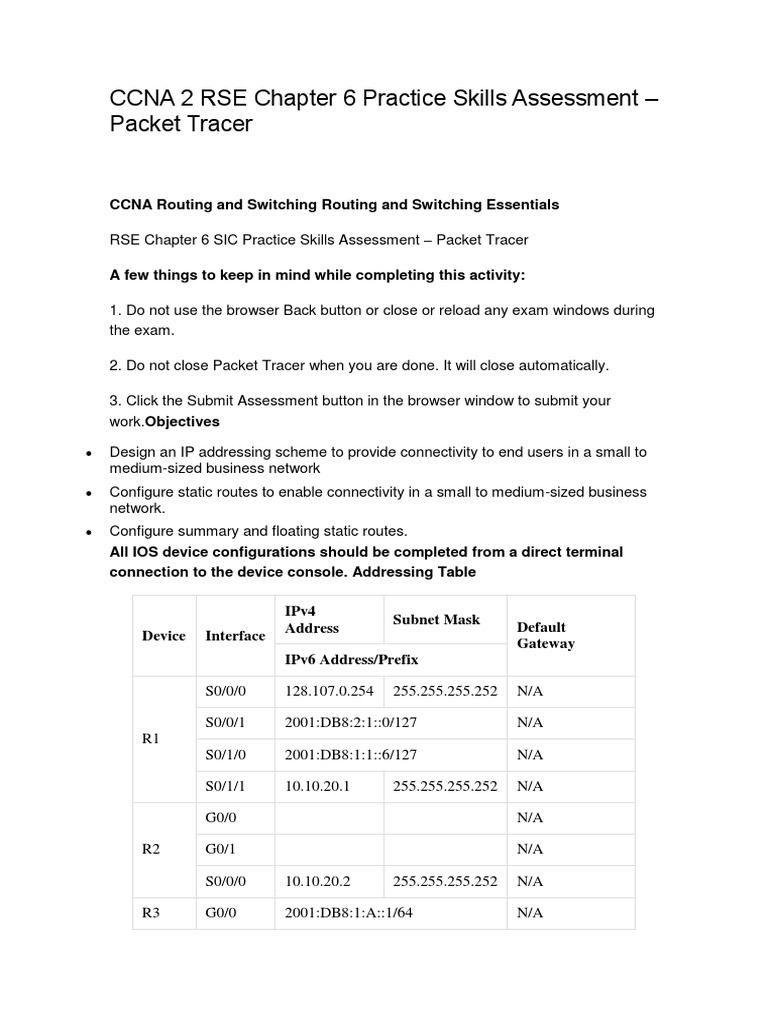 CCNA 2 RSE Chapter 6 Practice Skills Assessment - Packet Tracer | PDF
