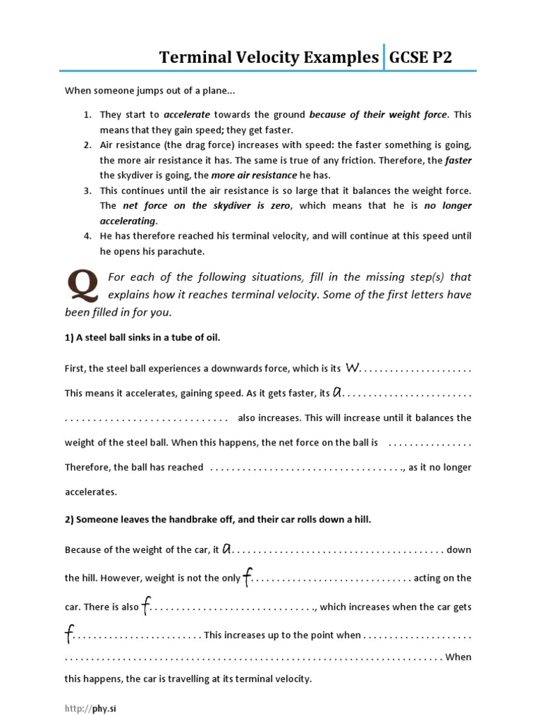 Terminal Velocity Examples | PDF | Parachuting | Drag (Physics)