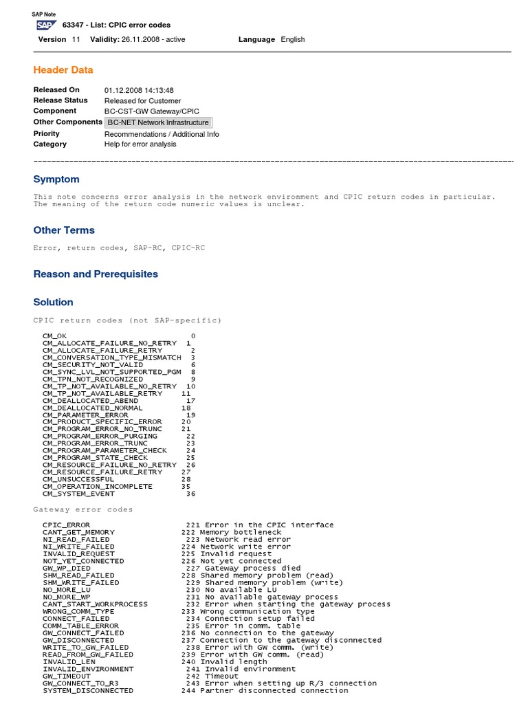 CPIC Return Codes and Errors in SAP | PDF | Proxy Server | Operating ...