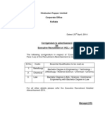 Hindustan Copper Limited Corporate Office Kolkata: Executive Recruitment Detailed Adevertisement-2014