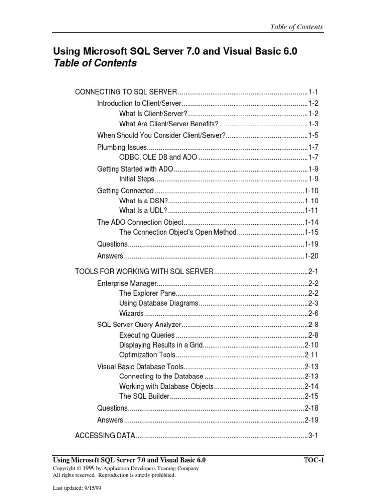 Using Microsoft SQL Server 7.0 and Visual Basic 6.0 TOC-1 | PDF ...