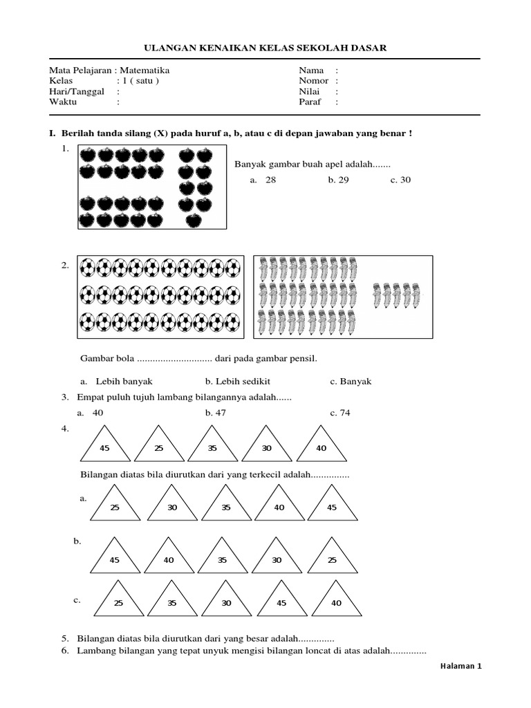 Soal Latihan Matematika Kelas 1 Sd