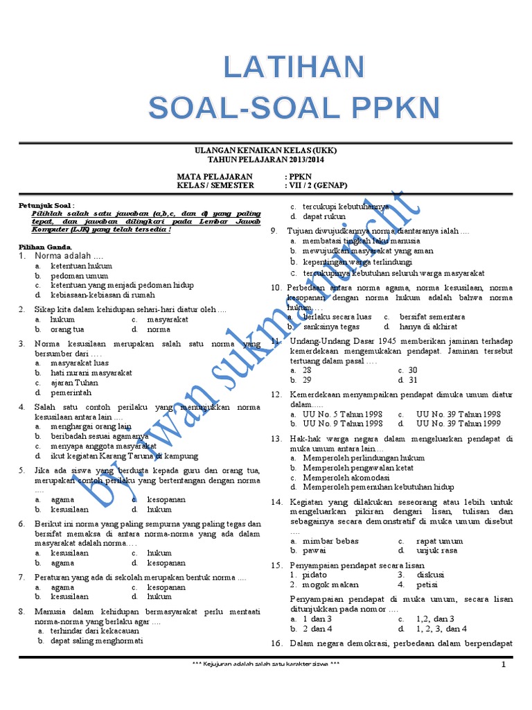 Soal Pkn Kelas 7 Semester 2 Dan Kunci Jawaban Guru Galeri