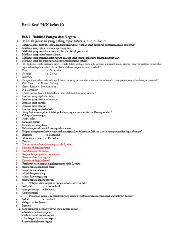 Contoh Soal PKN Kelas 10