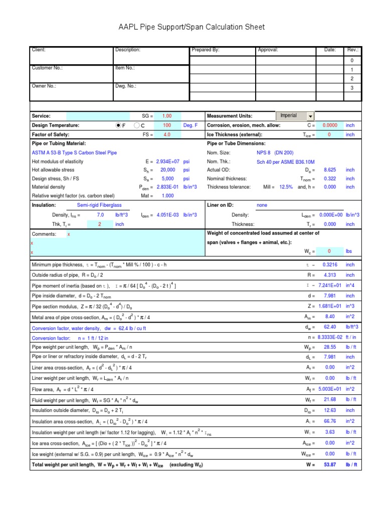 Pipe Support Calculation PDF Pipe (Fluid Conveyance) Bending