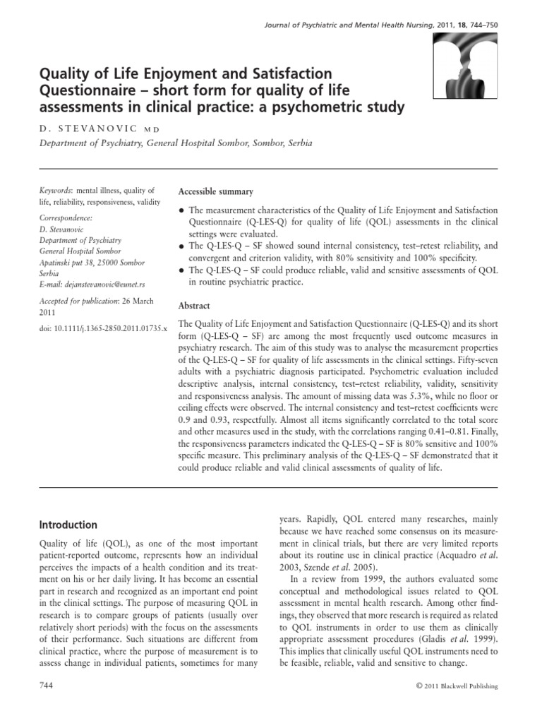 Quality of Life Enjoyment and Satisfaction Questionnaire PDF Validity (Statistics) Psychiatry