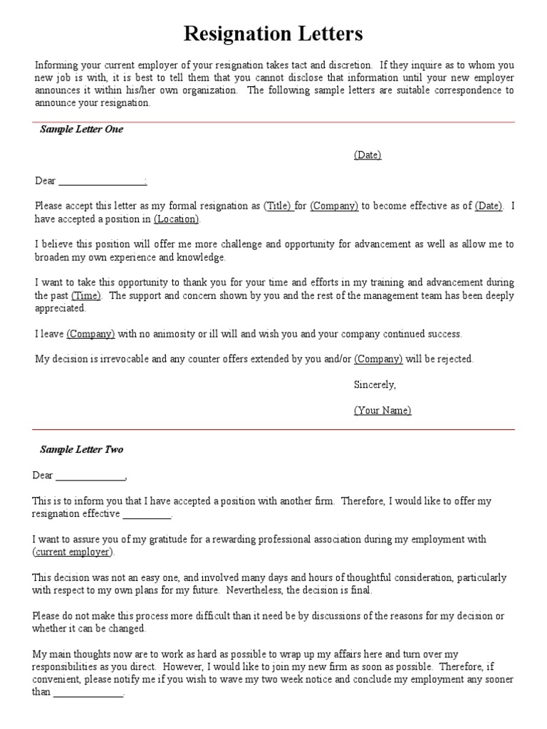 Resignation Letters: Sample Letter Two | PDF | Government