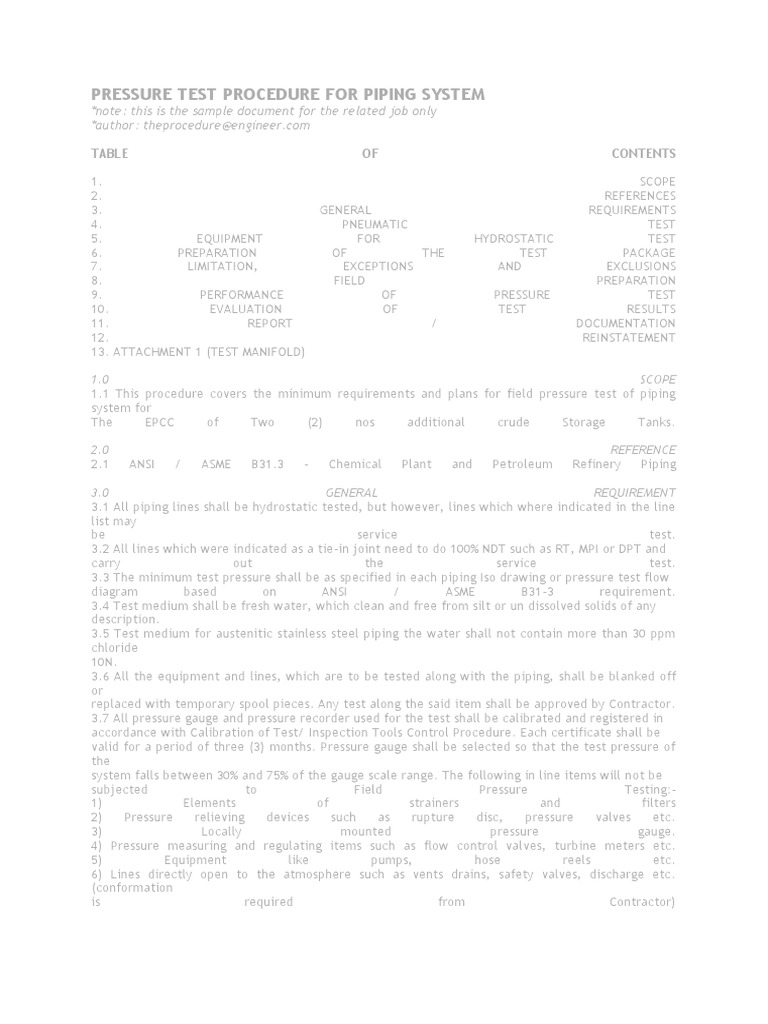 Pipe Hydrotest Procedure Download Free PDF Valve Pressure Measurement