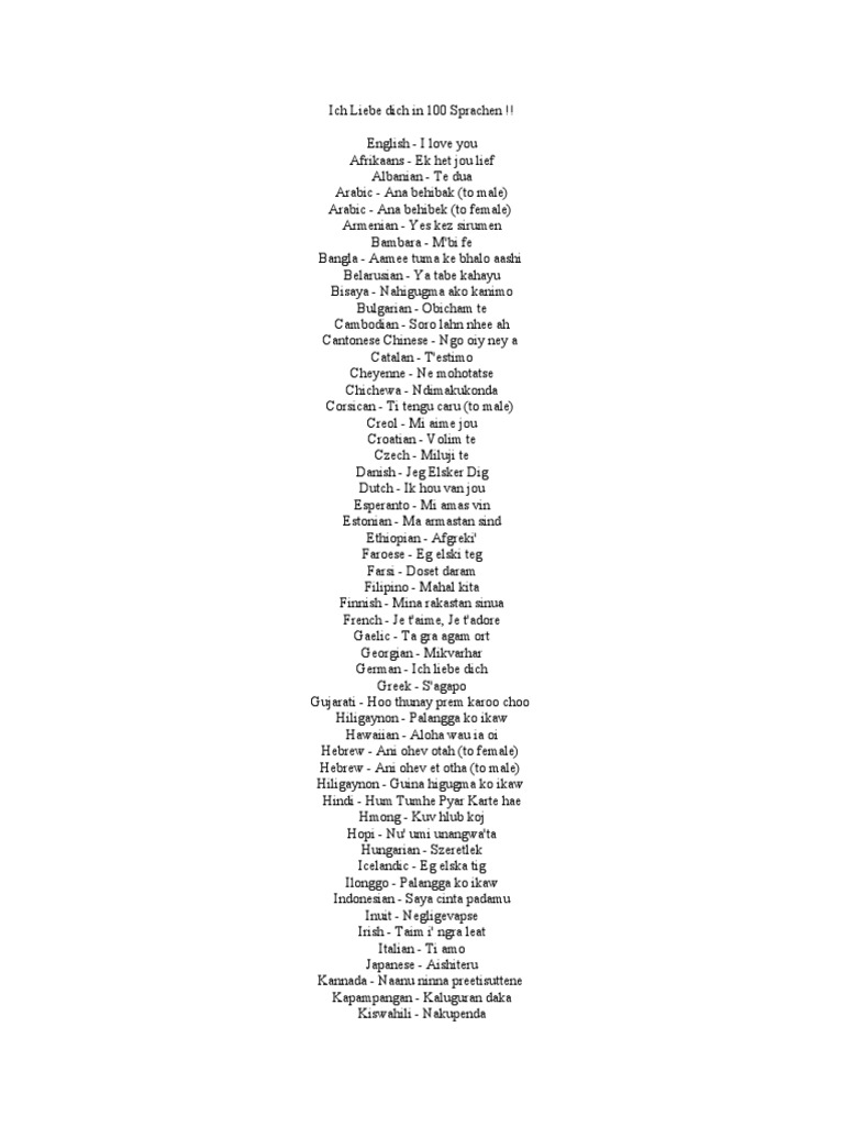 Ich Liebe Dich in 100 Sprachen PDF Linguistics Symbols