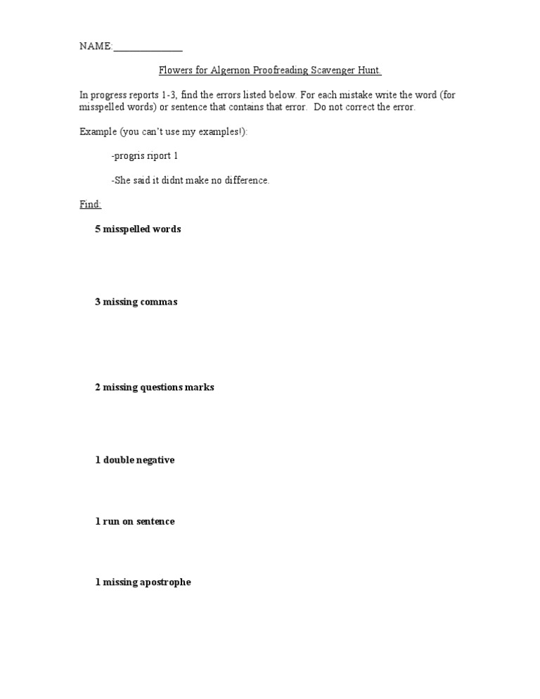 NAME Flowers For Algernon Proofreading Scavenger Hunt. in Progress Reports PDF