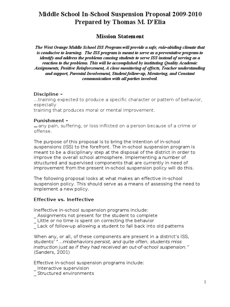 Middle School InSchool Suspension Proposal PDF Classroom
