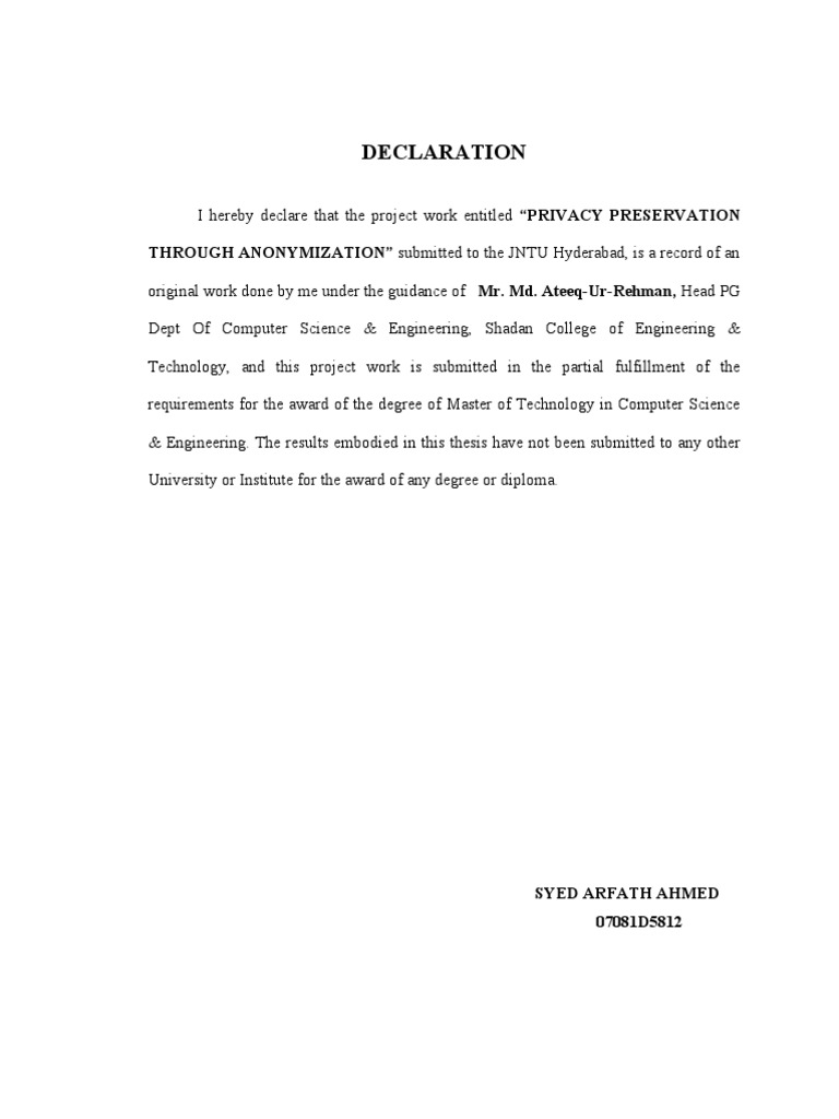Declaration Format For Project Report  Academic Degree  Career