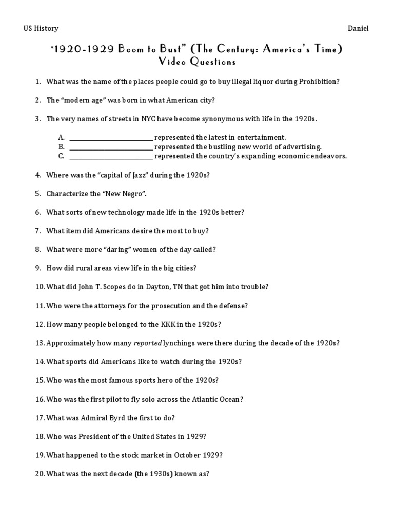 Boom To Bust Video Questions PDF The United States