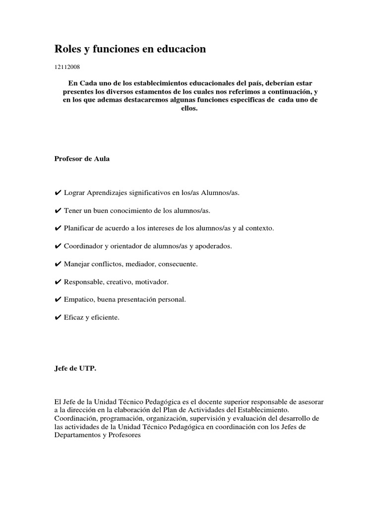 Roles y funciones en la educación escolar | PDF | Bibliotecas | Maestros