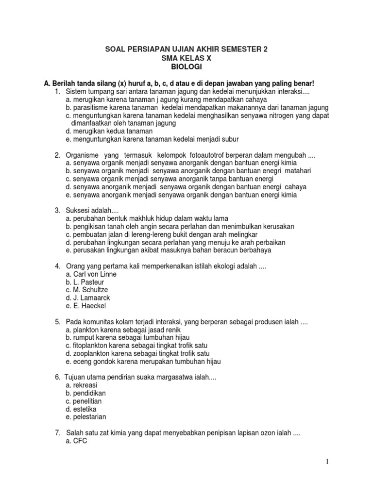Soal Biologi Kelas X Sma Persiapan Ujian Akhir Semester 2 Docx