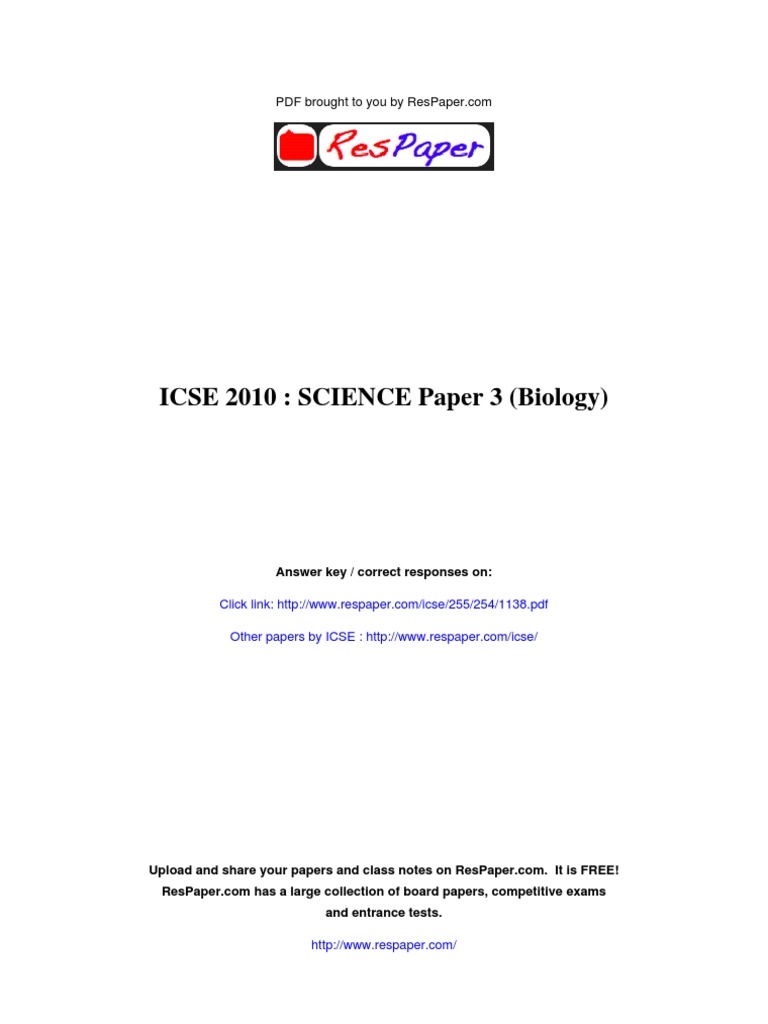 ICSE 2010 SCIENCE Paper 3 (Biology) Answer Key / Correct Responses