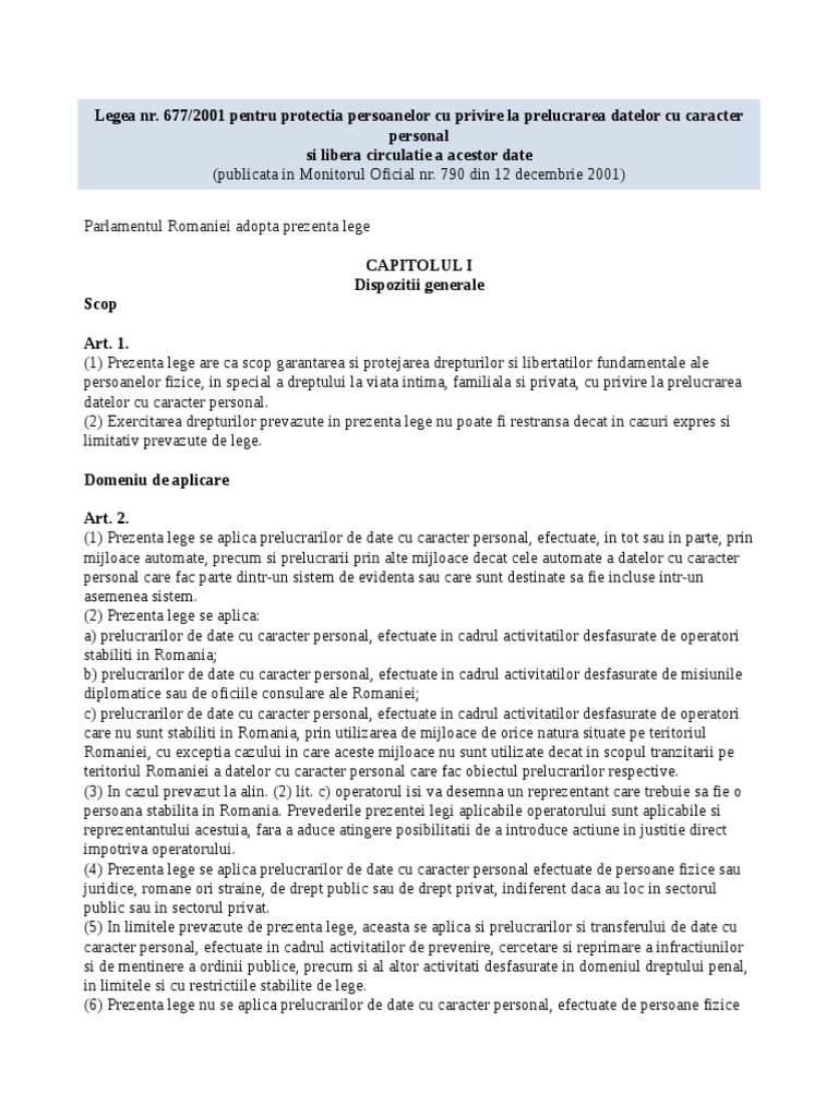 Legea 677 2001 Protectia Datelor Actualizata 2013