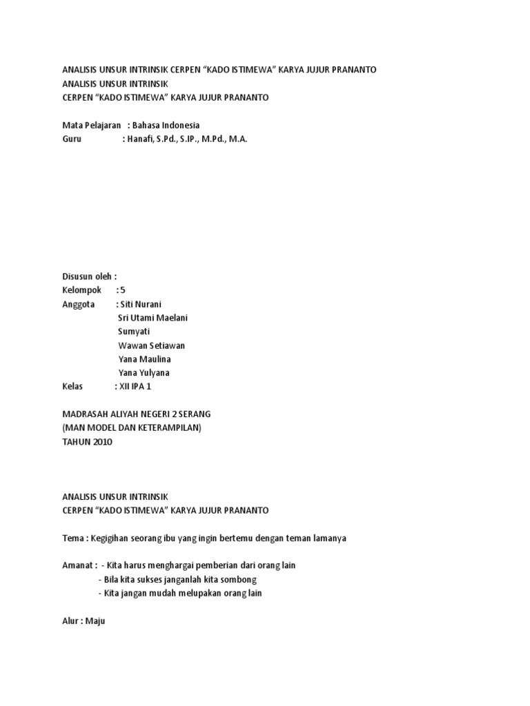 Contoh Analisis Unsur Intrinsik Cerpen