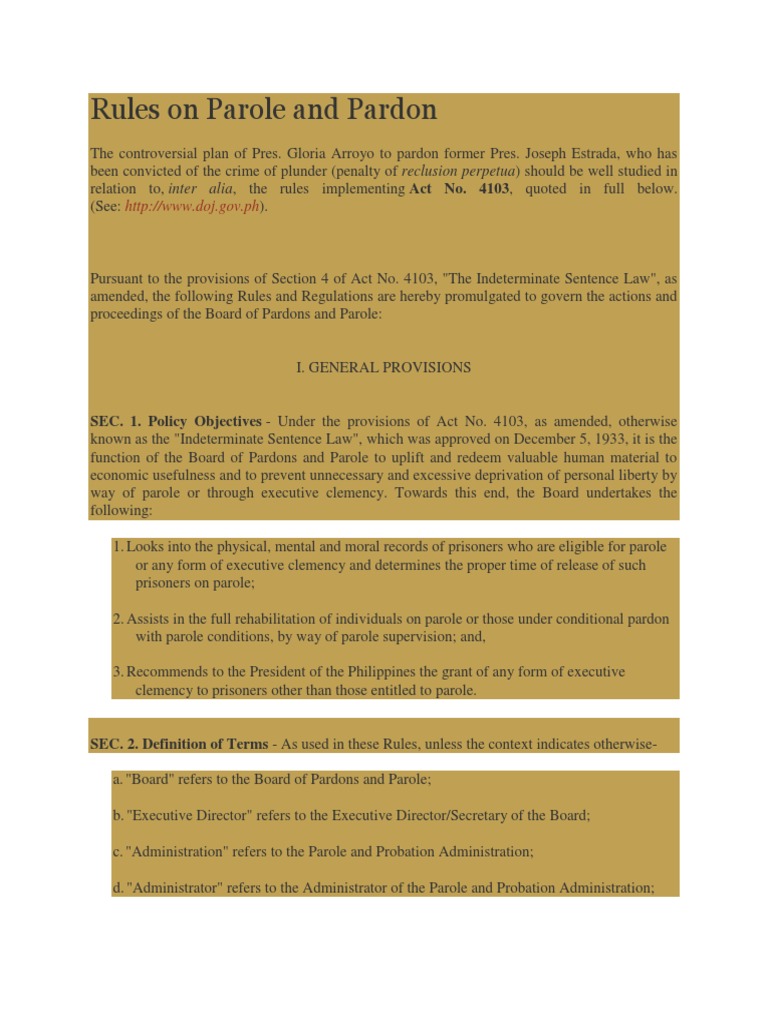 Rules on Parole and Pardon Pardon Parole