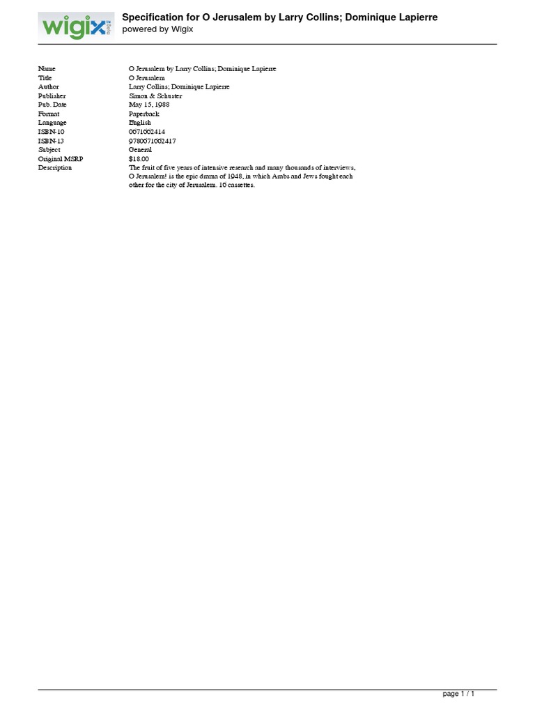 O Jerusalem By Larry Collins Dominique Lapierre Middle East Israel