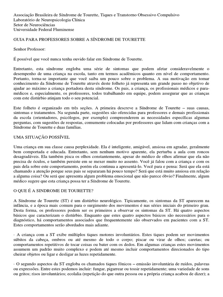 Guia para Professores Sobre A Síndrome de Tourette | PDF | Síndrome de ...