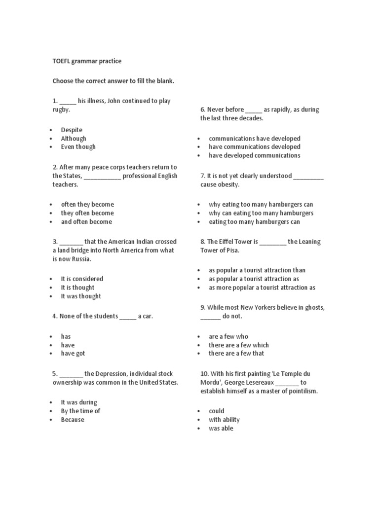 Toefl Grammar Practice Choose The Correct Answer To Fill The Blank