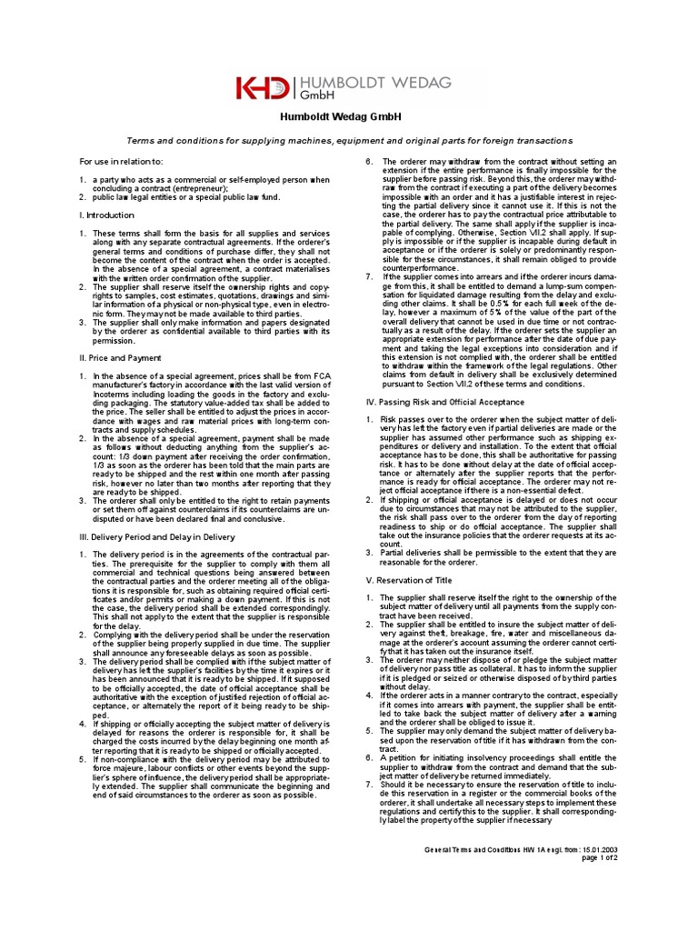 Terms and Conditions for Supplies of Machinery, Equipment and Original