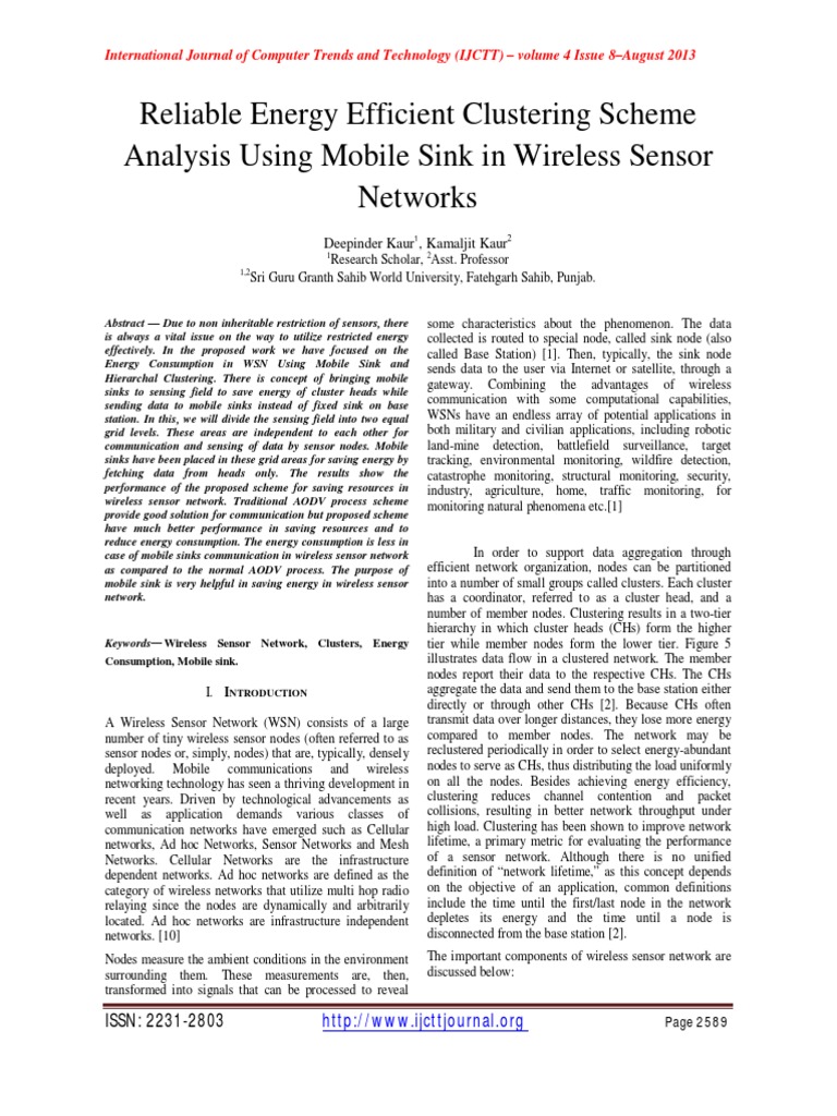 Reliable Energy Efficient Clustering Scheme Analysis Using Mobile Sink ...