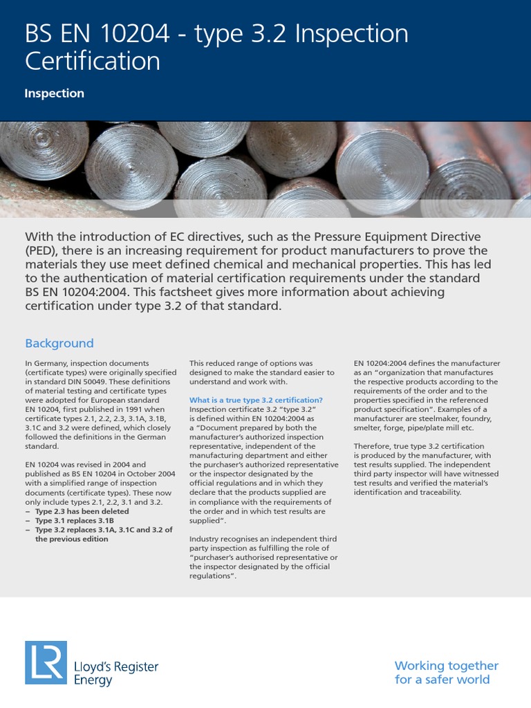 BS EN 10204 - Type 3.2 Inspection Certification | PDF | Surveying ...