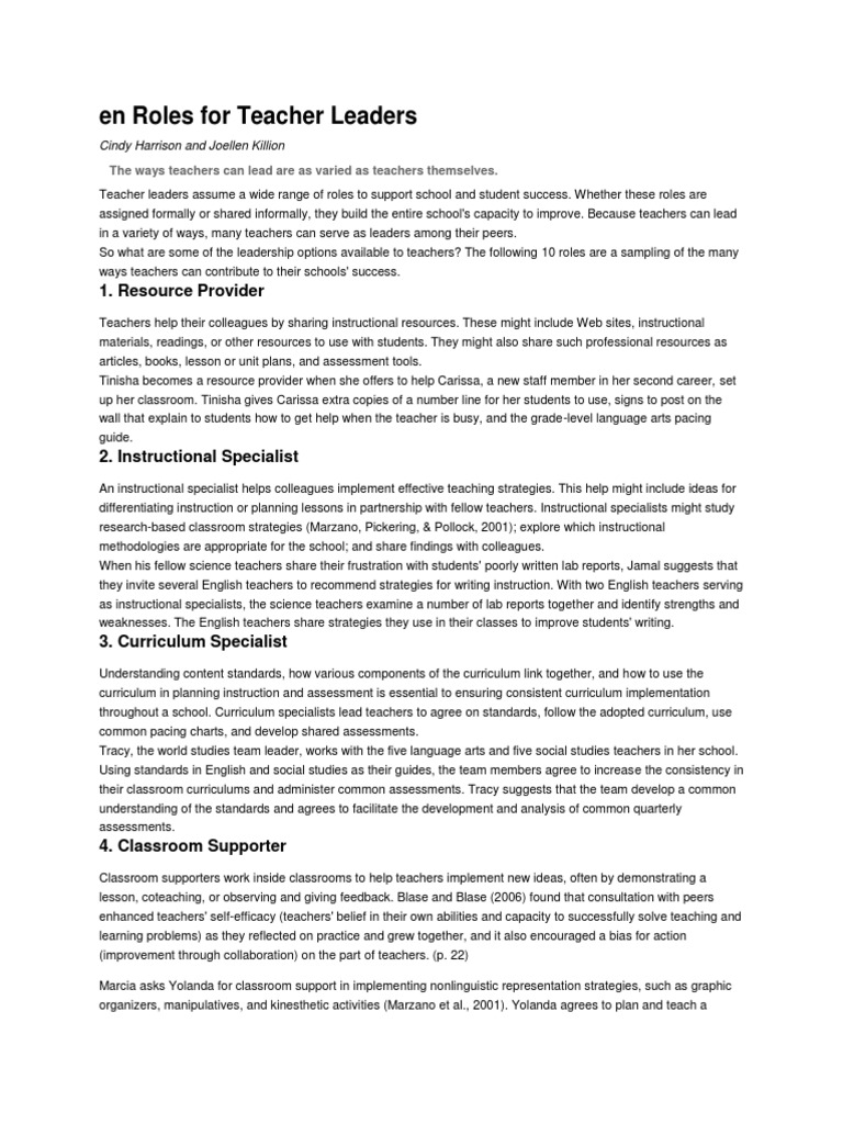 Teacher Leadership Roles Explained | PDF | Mentorship | Teachers