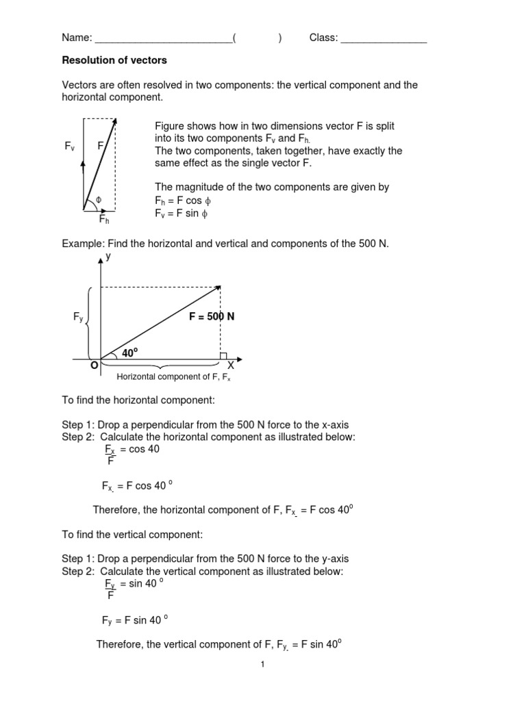 Resolution Of Vectors Student Worksheet Euclidean Vector Weight