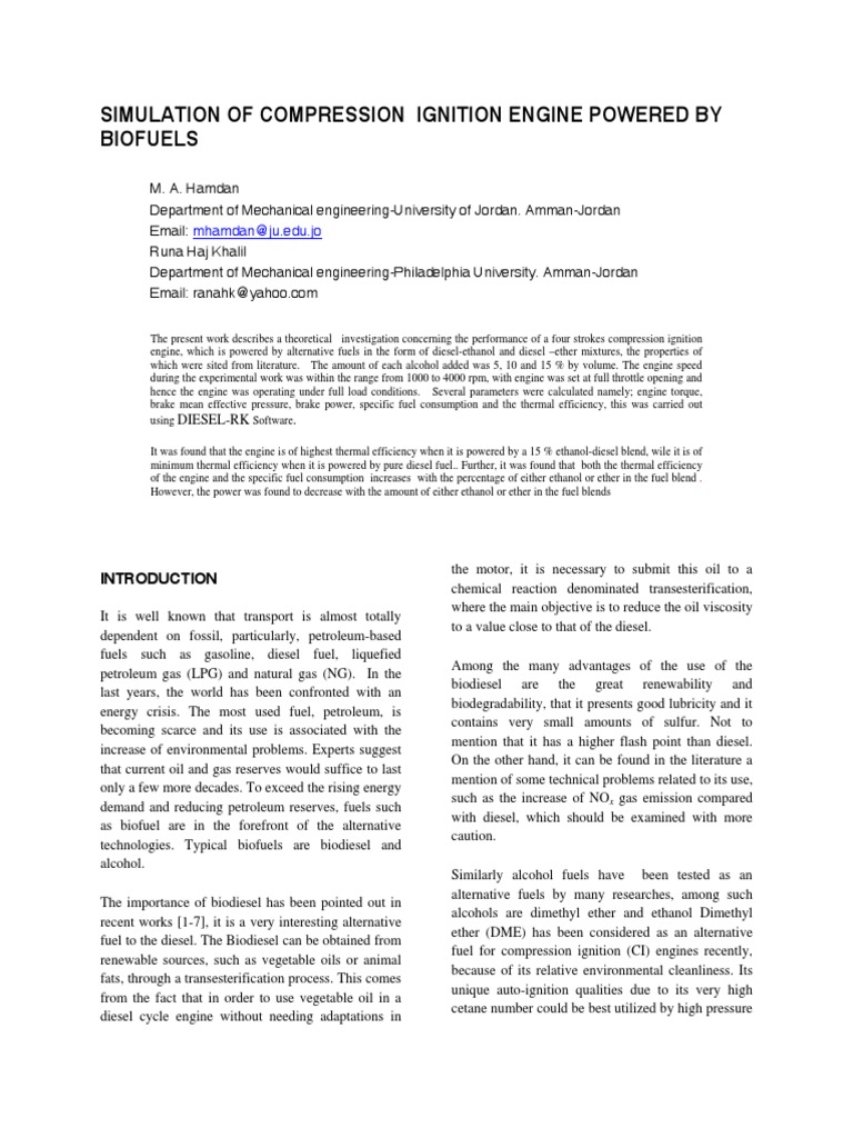 Simulation of Compression Ignition Engine Powered by Biofuels | PDF ...