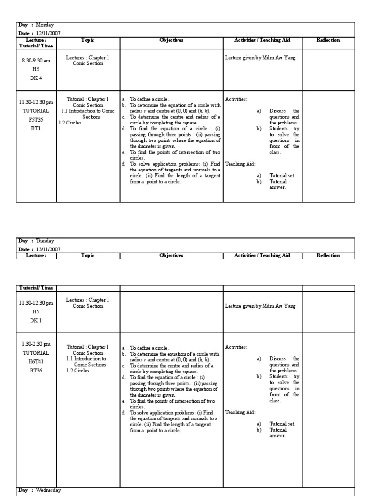 Conic Sections Lecture and Tutorial Schedule | PDF | Circle ...