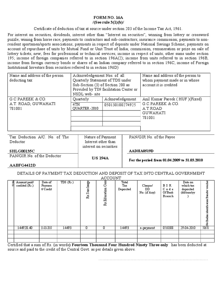 TDS Certificate Form 16A for 2010 | PDF | Economic Policy | Socioeconomics
